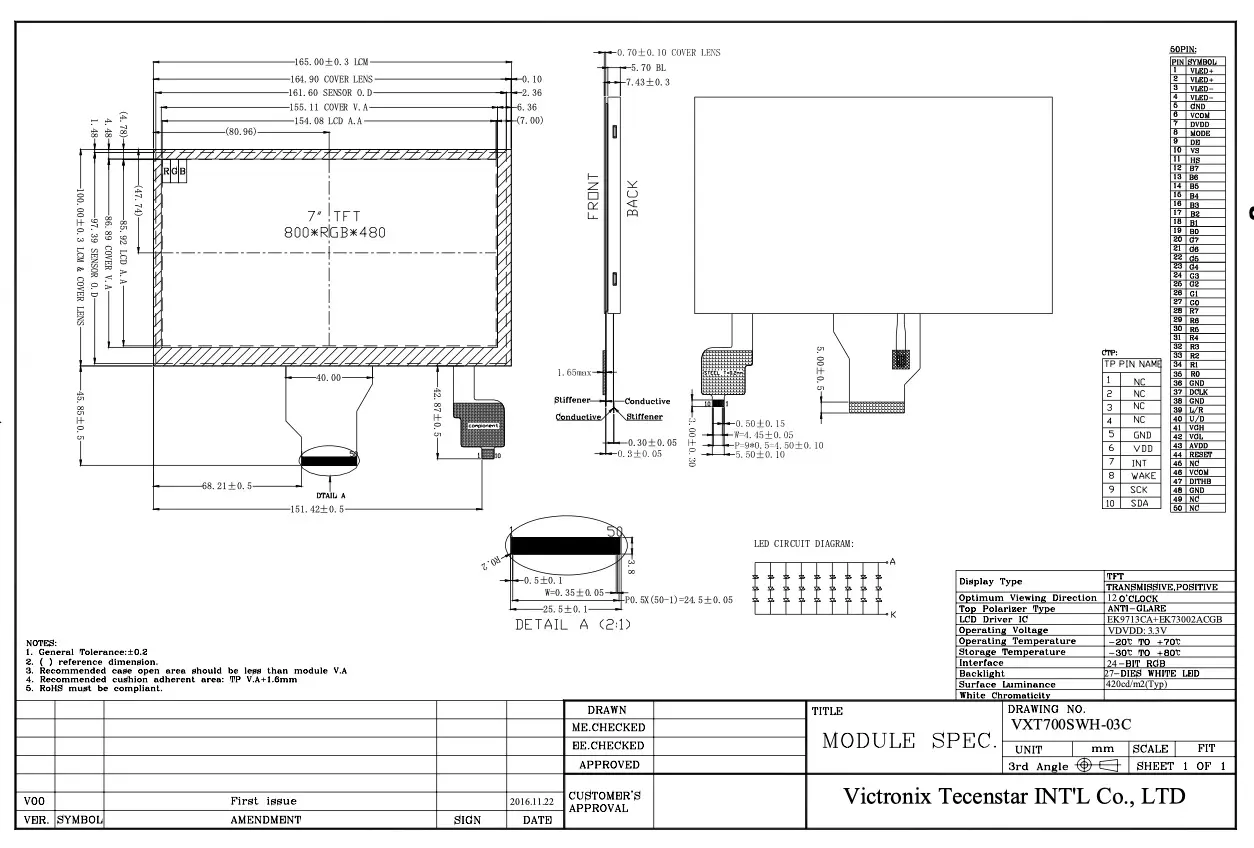 7 inch 800x480 Capacitive Touch TFT Module