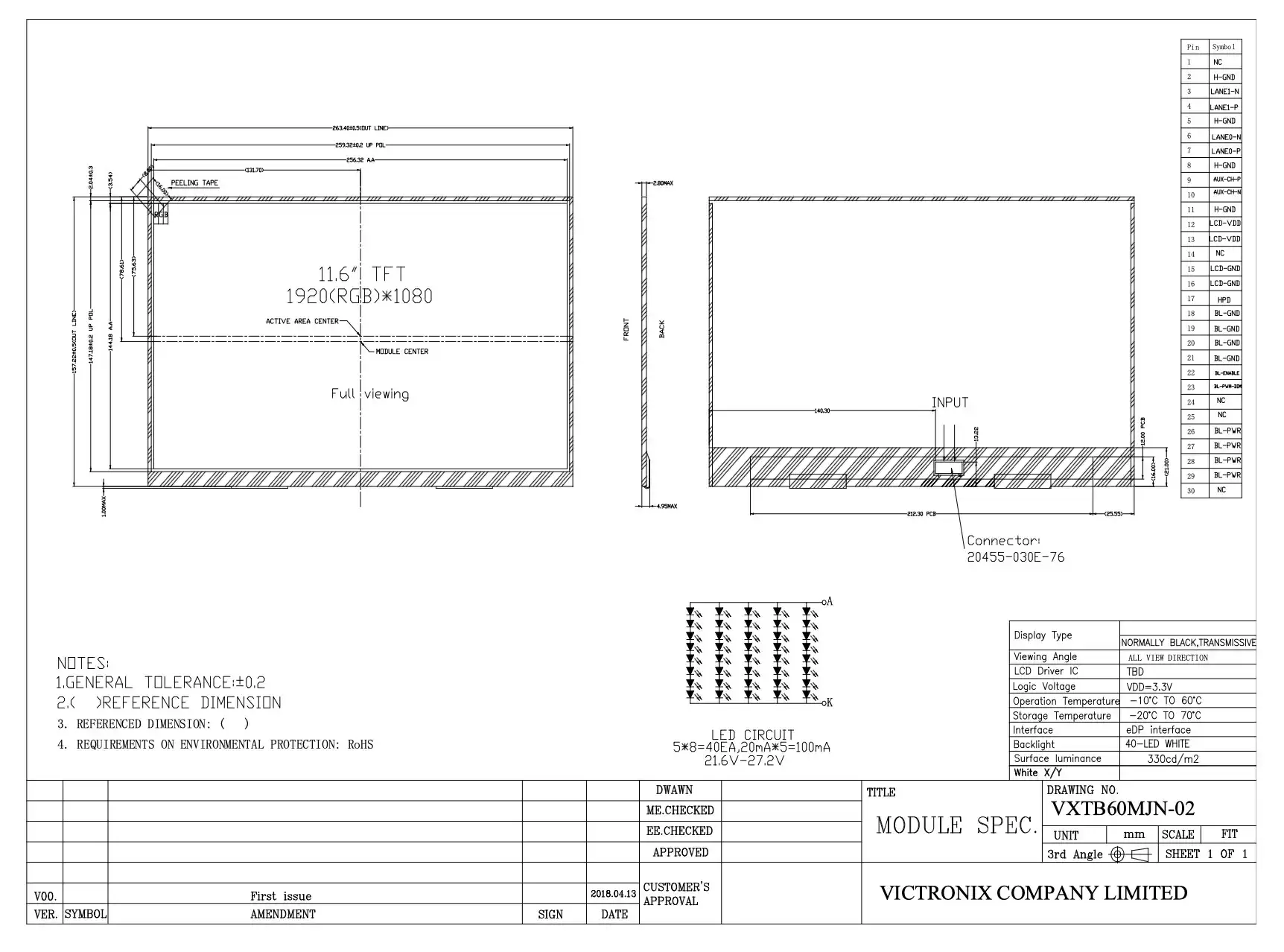 11.6 inch 1920x1080 IPS TFT Module