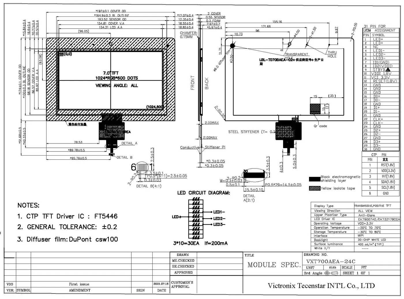 7 inch 1024x600 MIPI IPS Touch TFT Module